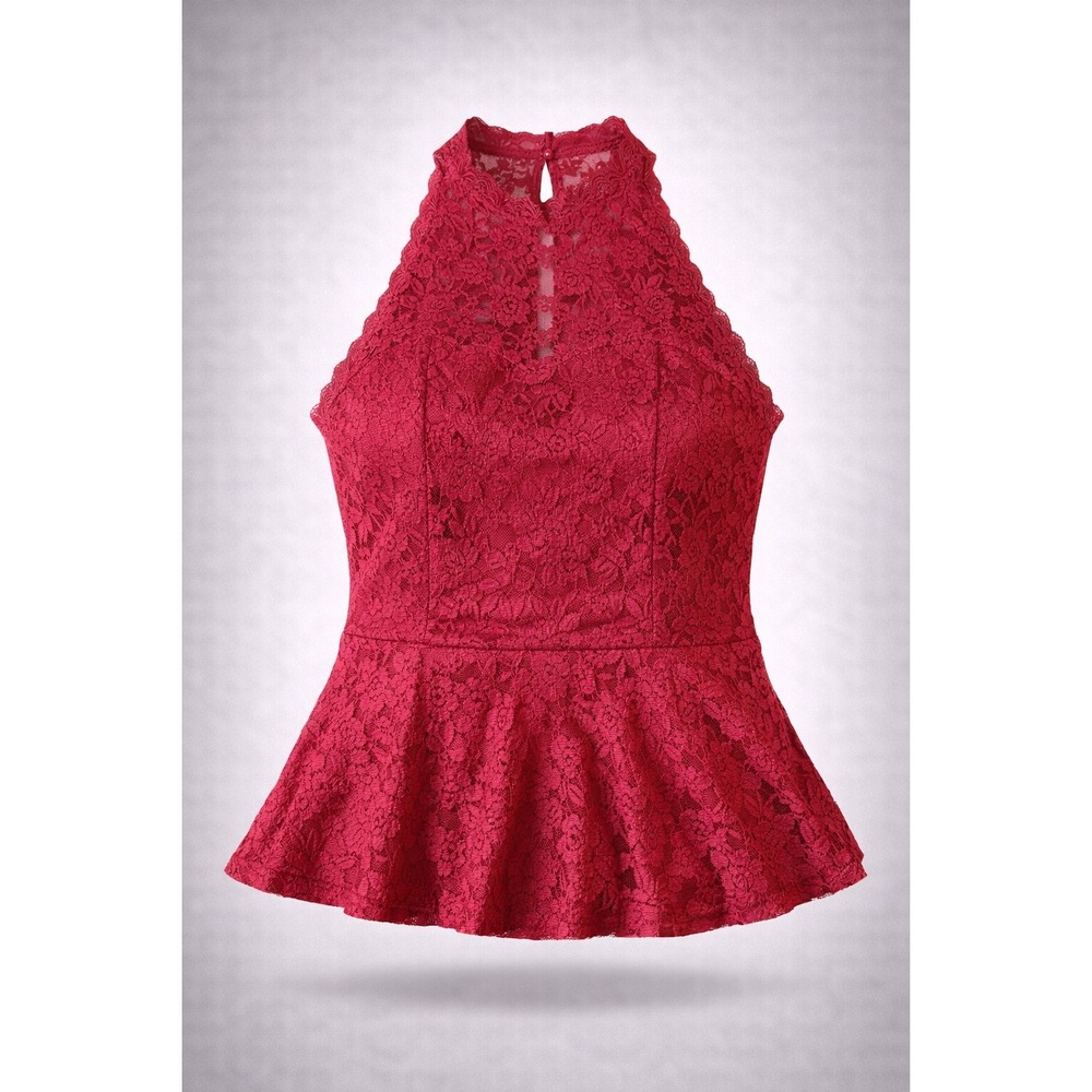 Allegra K Womens Floral Lace Peplum Top Halter Neck Keyhole Back Red XL NWT